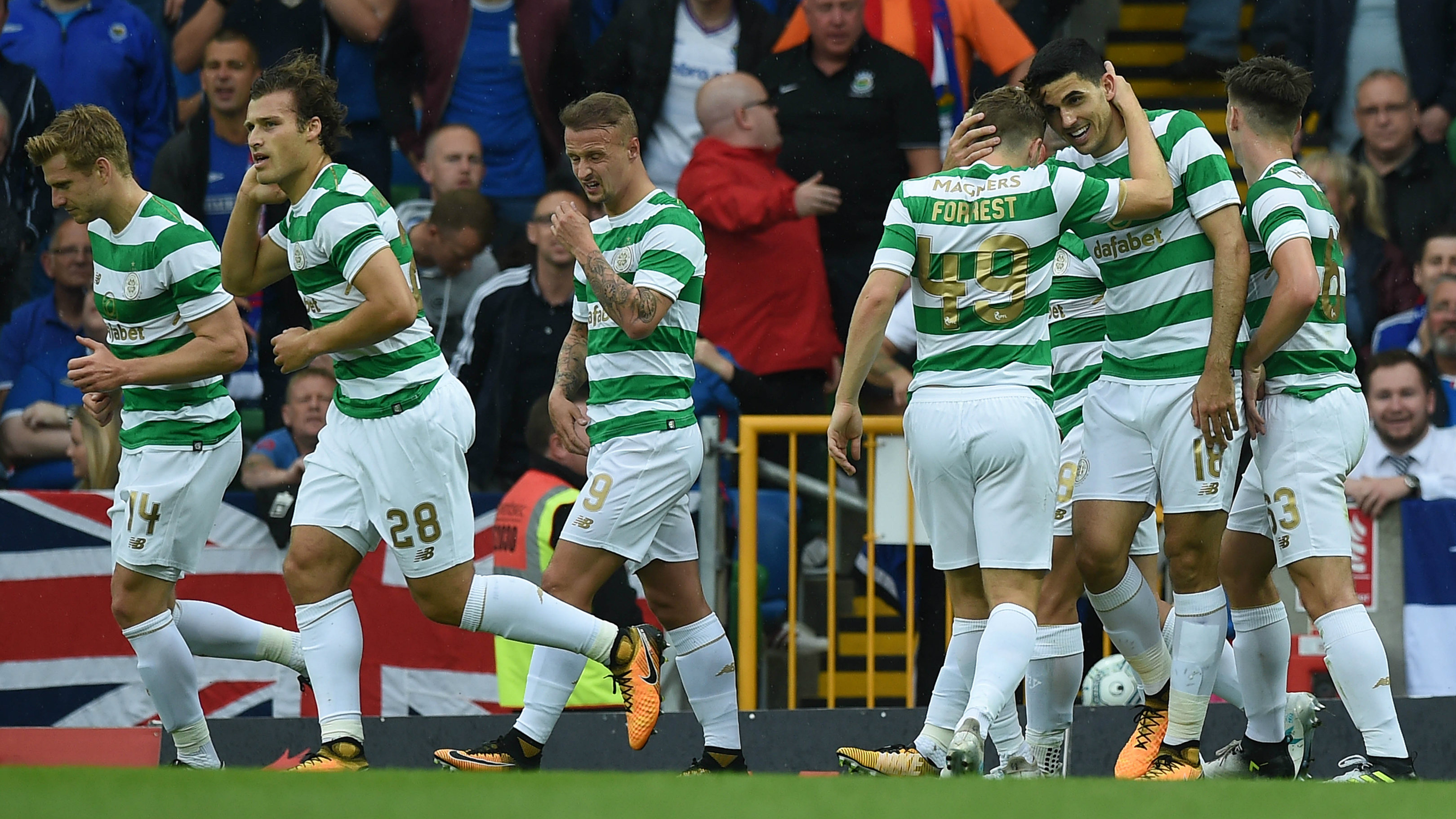 Caltex Socceroo Tom Rogic celebrates scoring a goal for Celtic.