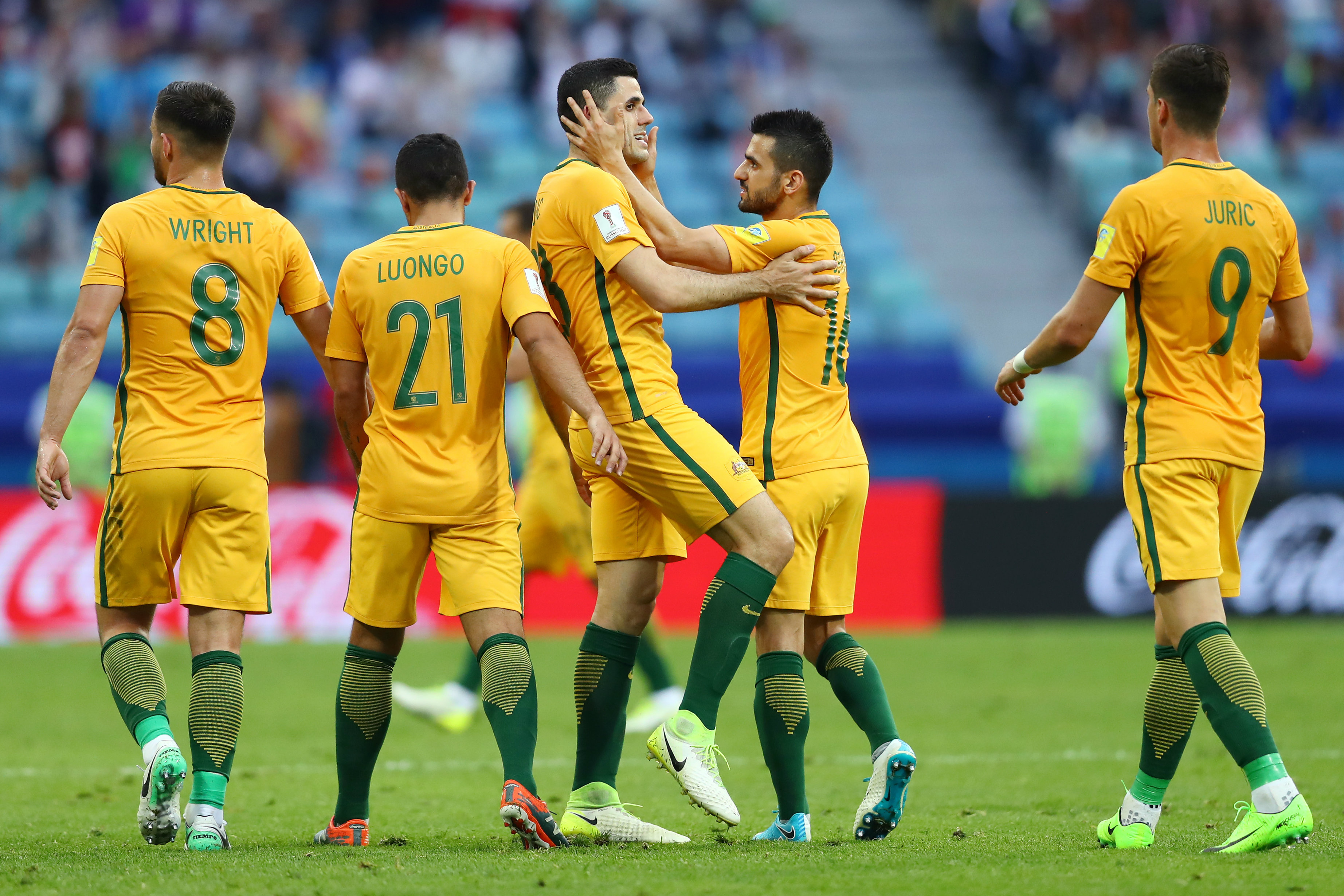 The Caltex Socceroos celebrate a Tom Rogic goal at the FIFA Confederations Cup.