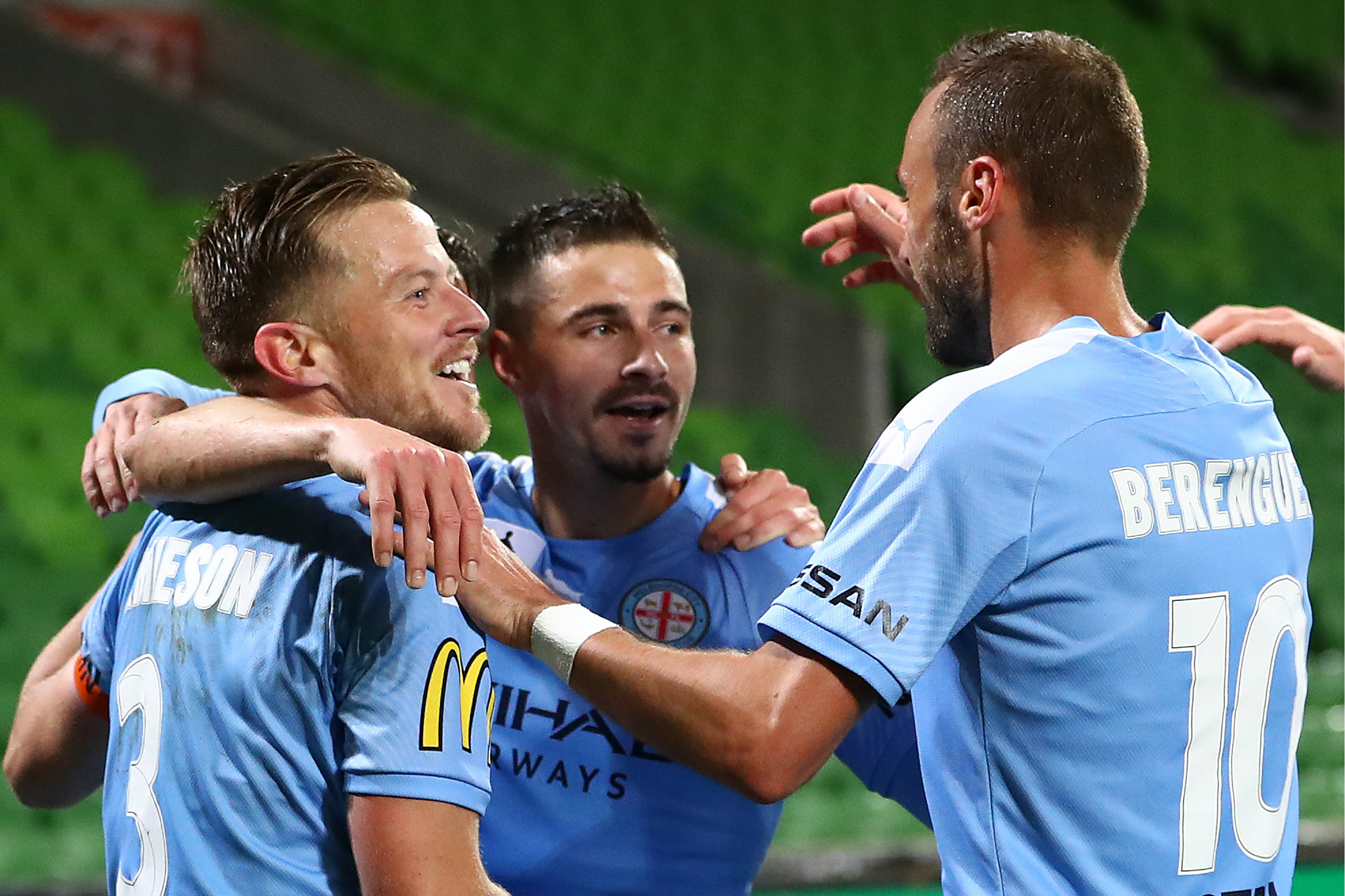 Melbourne City players celebrate a goal during their run to the FFA Cup 2019 Semi Finals
