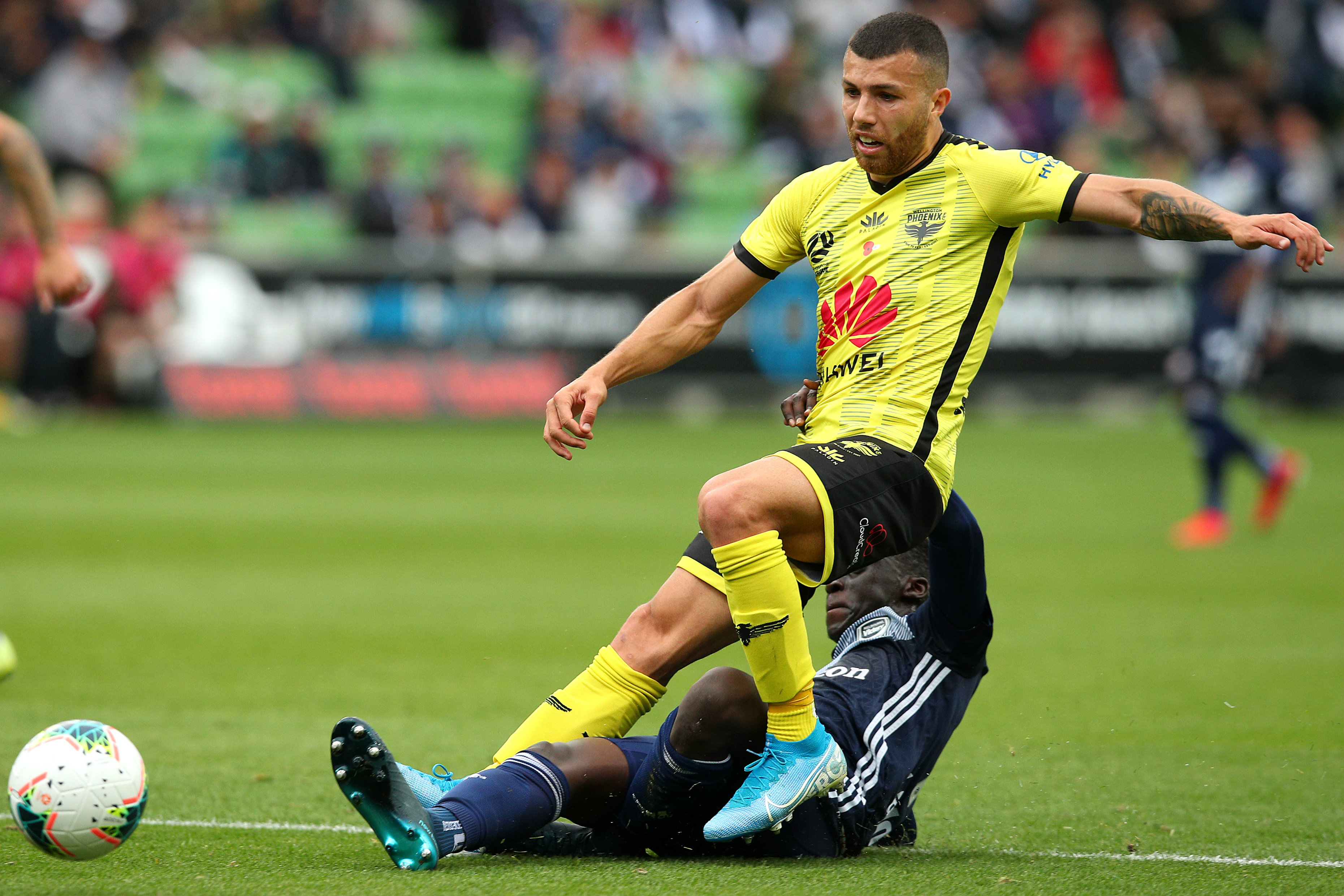 Jaushua Sotirio in action against Victory back in Round 5, a 1-1 draw at AAMI Park