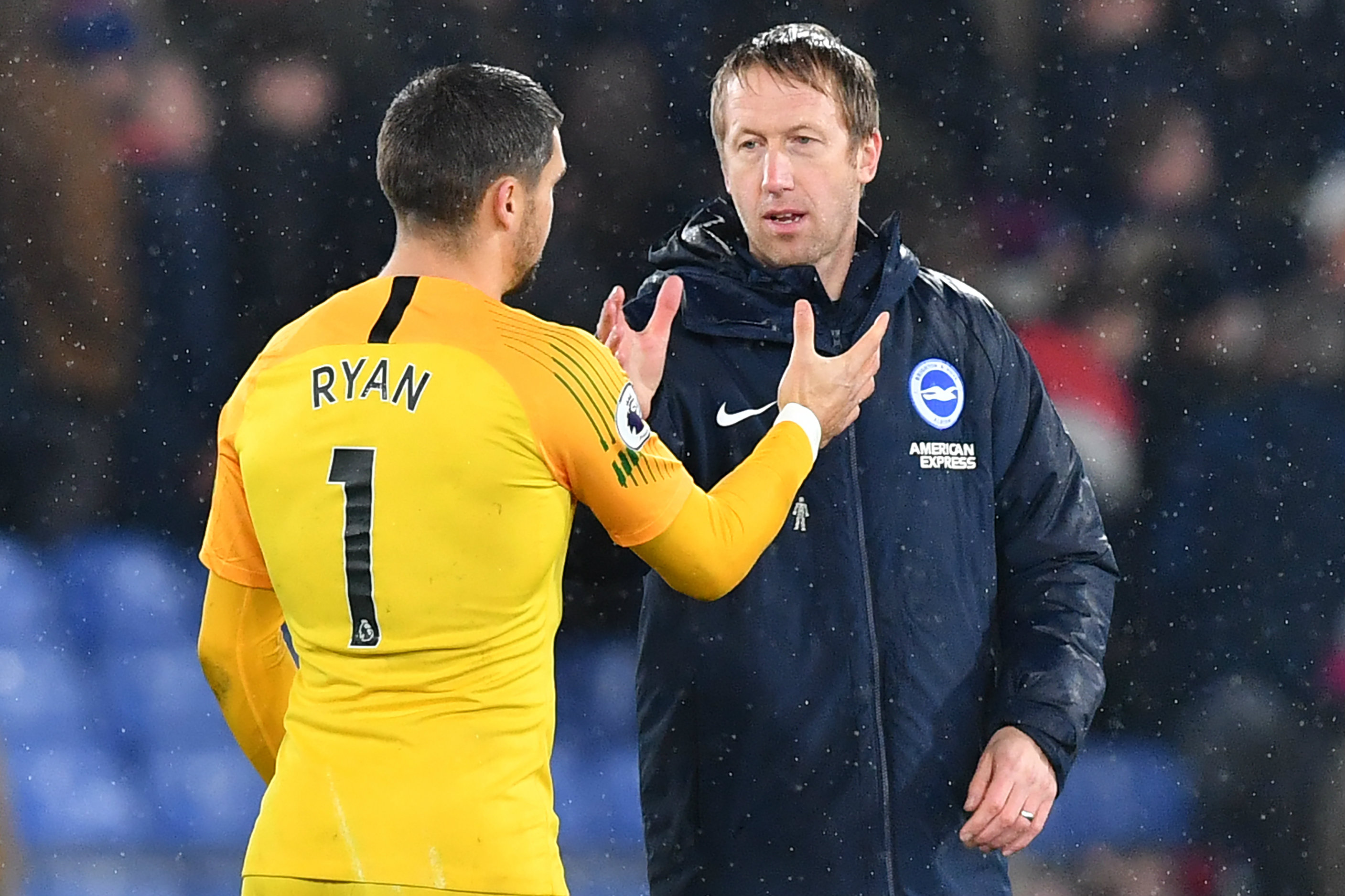 Maty Ryan and Graham Potter congratulate each other after a recent EPL game