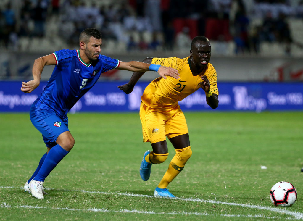Socceroos forward Awer Mabil in action against Kuwait in a 3-0 win in September, 2019