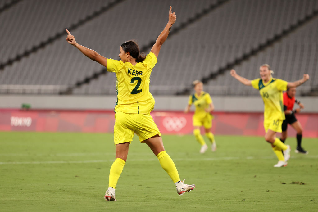 Sam Kerr celebrates her goal against New Zealand at the Olympics 