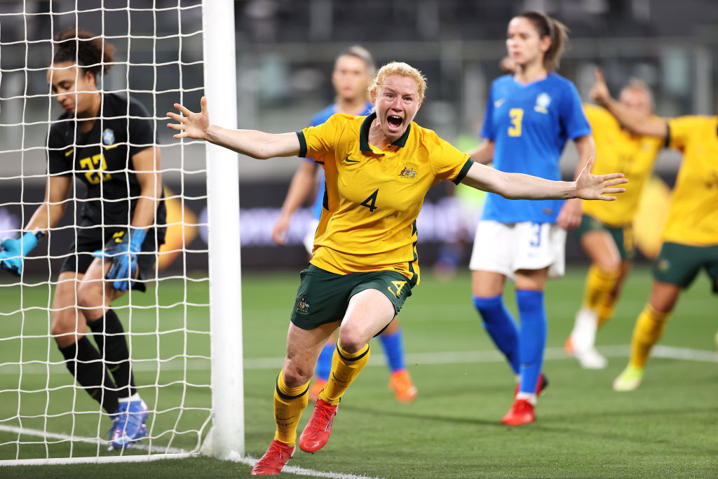 Clare Polkinghorne celebrates against Brazil