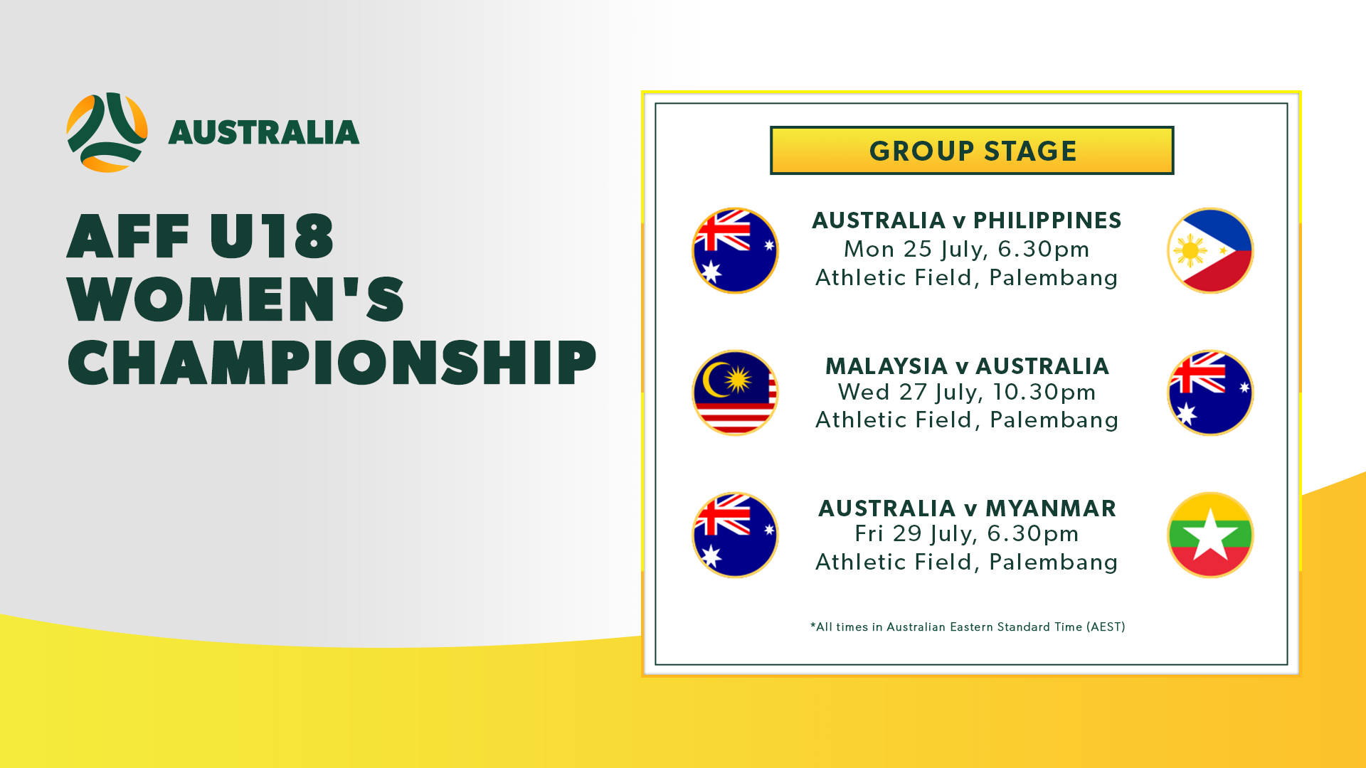 The CommBank Junior Matildas fixtures for the AFF U18 Women’s Championship 2022 Group Stage.