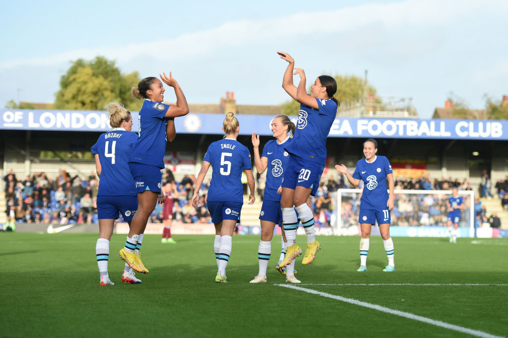 Lauren James of Chelsea celebrates with teammate Sam Kerr after scoring her team's second goal during the FA Women's Super League match between Chelsea and Aston Villa at Kingsmeadow on October 30, 2022 in Kingston upon Thames, England. (Photo by Harriet Lander - Chelsea FC/Getty Images)
