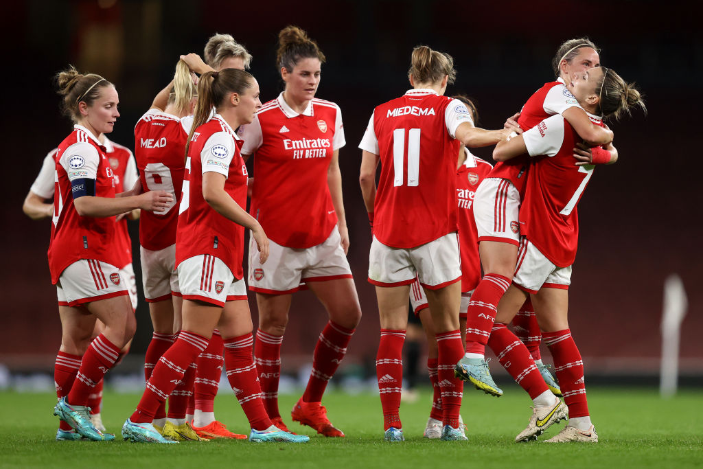 Jordan Nobbs of Arsenal celebrates with teammates after scoring their side's first goal during the UEFA Women's Champions League group C match between Arsenal and FC Zürich at Emirates Stadium on October 27, 2022 in London, England. (Photo by Julian Finney/Getty Images)