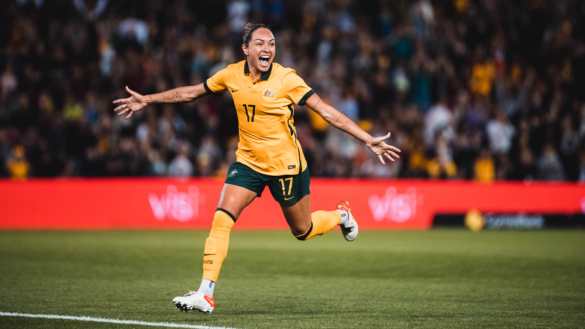 Kyah Simon celebrating a goal against the USA (Photo: Ann Odong/Football Australia)