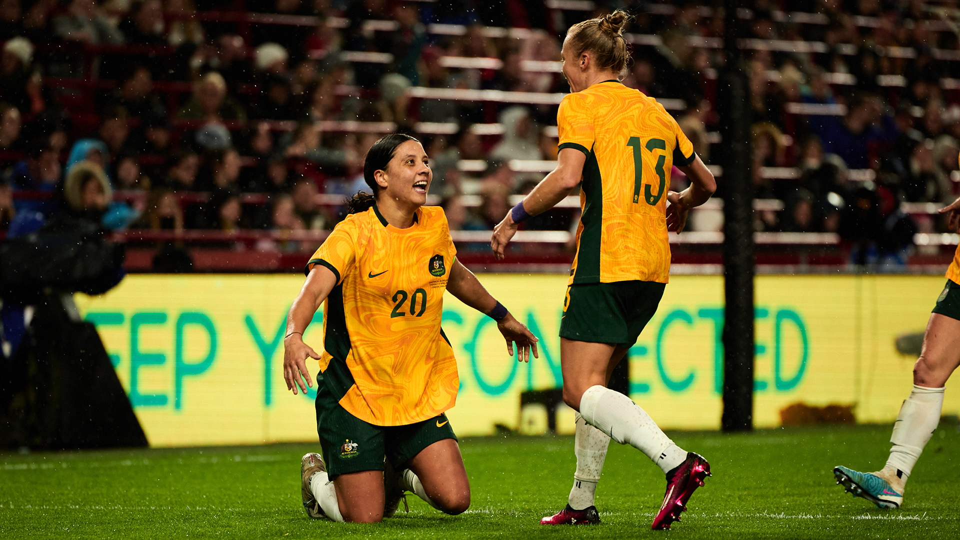 Sam Kerr celebrating her goal for Australia against England in London. (Photo: Rachel Bach/By The White Line)