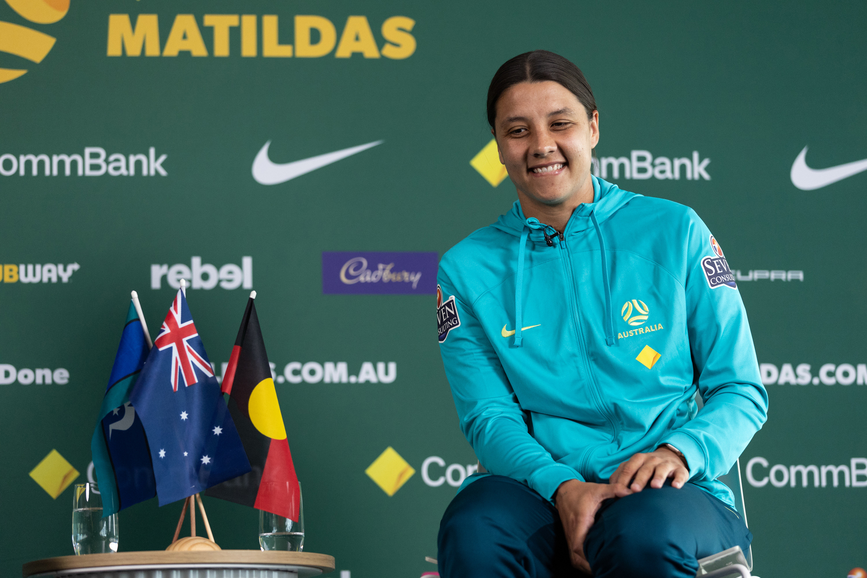Sam Kerr during the Official Opening of the Australian Matildas training facility and FIFA Women's World Cup squad announcement at La Trobe University Sports Fields on July 03, 2023 in Melbourne, Australia. (Photo by Mackenzie Sweetnam/Getty Images)