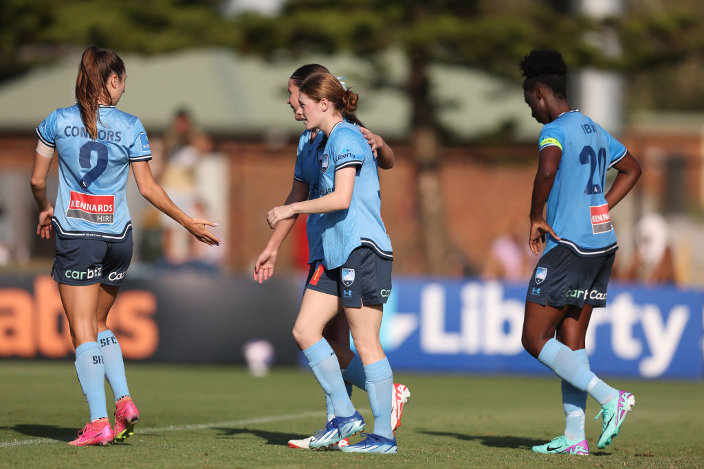 Cortnee Vine of Sydney FC celebrates a goal with team mates during the A-League Women round seven match between Newcastle Jets and Sydney FC at No. 2 Sports Ground, on December 10, 2023, in Newcastle, Australia. (Photo by Scott Gardiner/Getty Images)