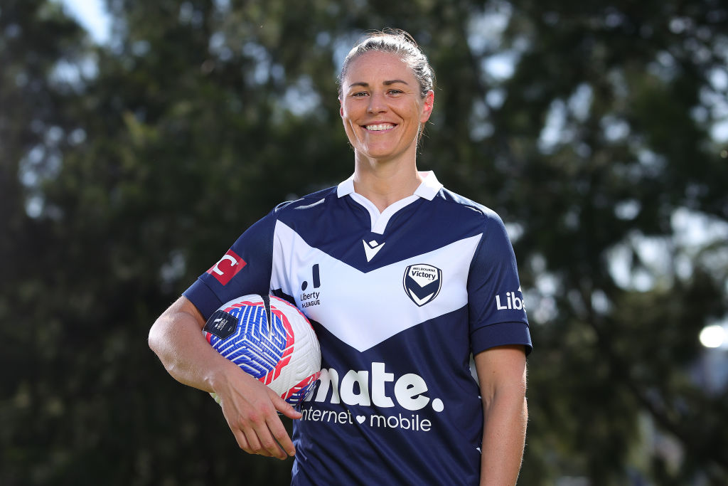 MELBOURNE, AUSTRALIA - OCTOBER 19: Emily Gielnik of Melbourne Victory poses for a portrait during an A-League media opportunity at Birrarung Marr on October 19, 2023 in Melbourne, Australia. (Photo by Kelly Defina/Getty Images)