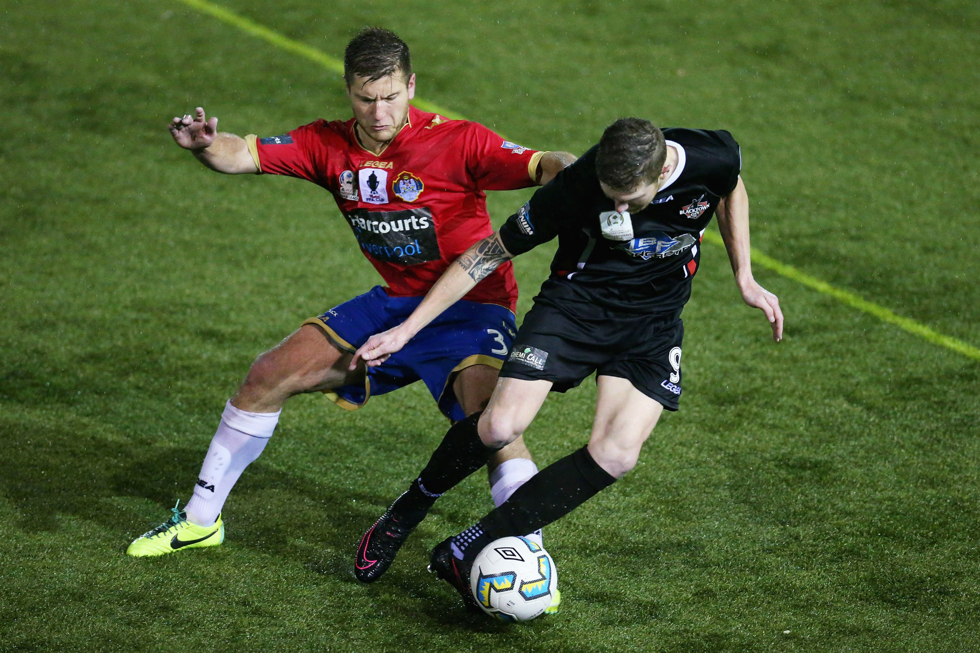 Bonnyrigg's David Vrankovic tackles Blacktown City's Joey Gibbs during the FFA Cup 2016 Round of 16.