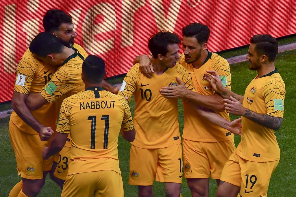Socceroos celebrate Mile Jedinak's goal vs France