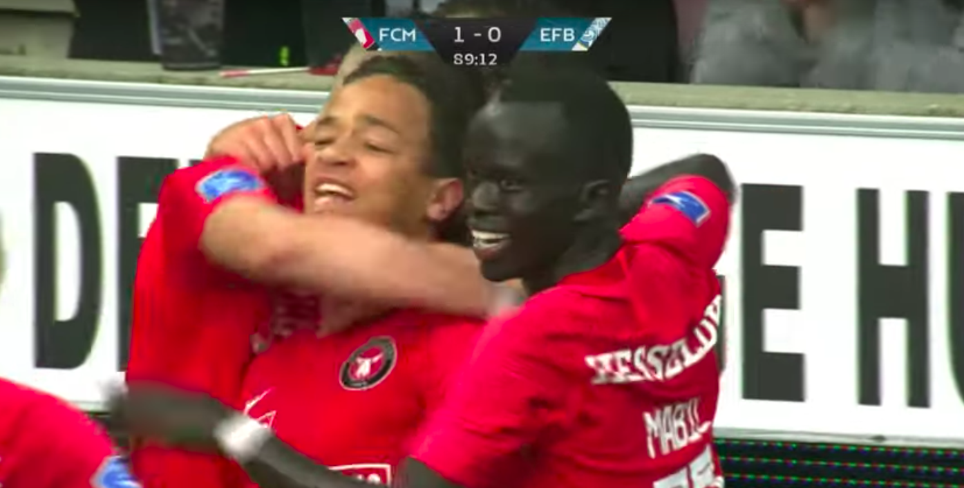 Awer Mabil celebrates FC Midtjylland's late winner