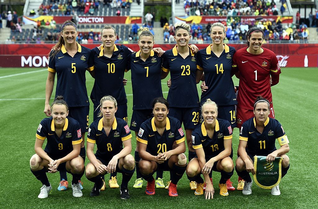 Lining up for Australia at the 2015 Women's World Cup: Reign stars Steph Catley (7), Lydia Williams (1) and Elise Kellond-Knight (8)