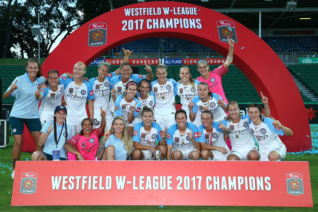 Melbourne City show off the trophy after being crowned 2017 Westfield W-League champions