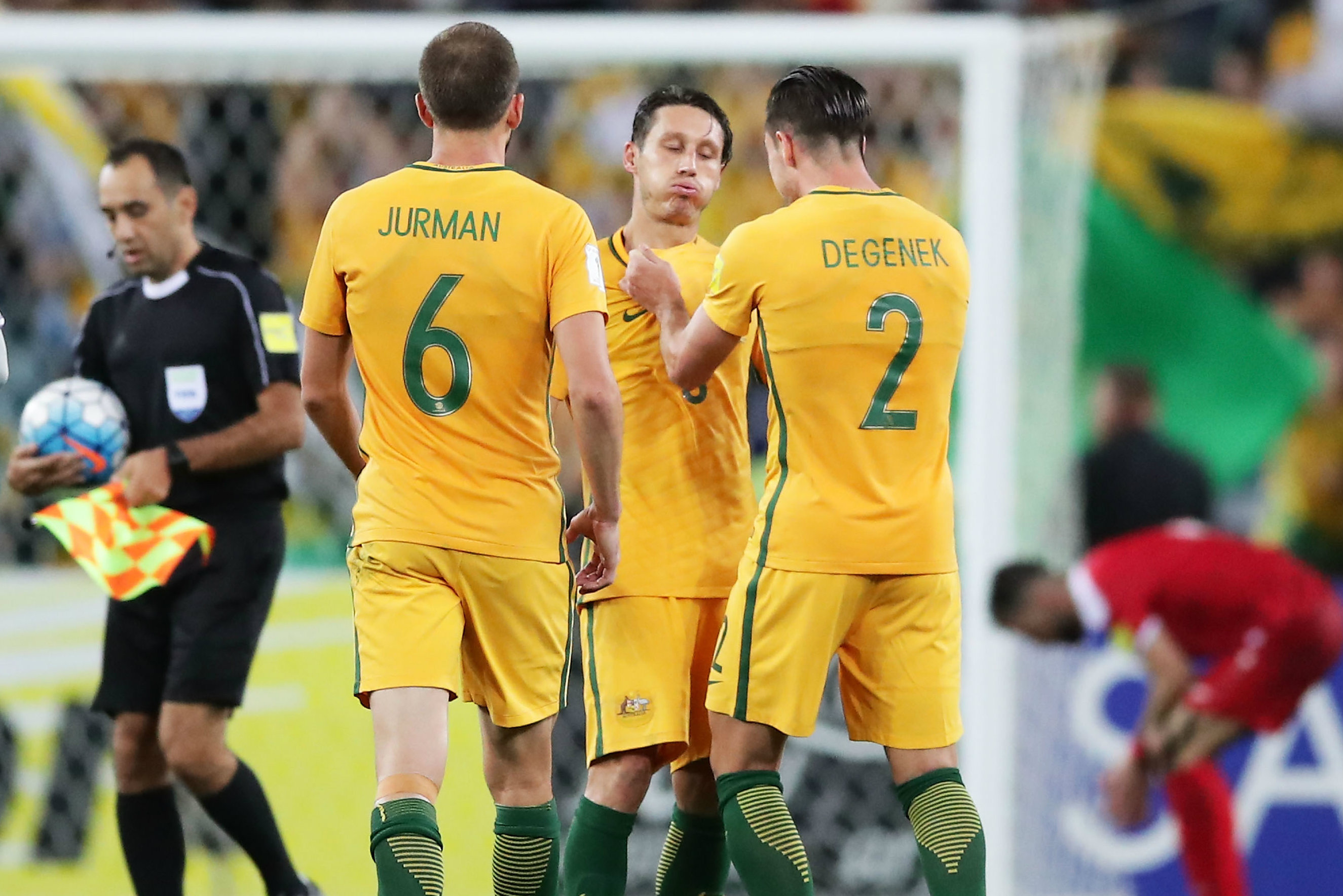 Caltex Socceroos midfielder Mark Milligan expresses his relief after overcoming Syria in Sydney.