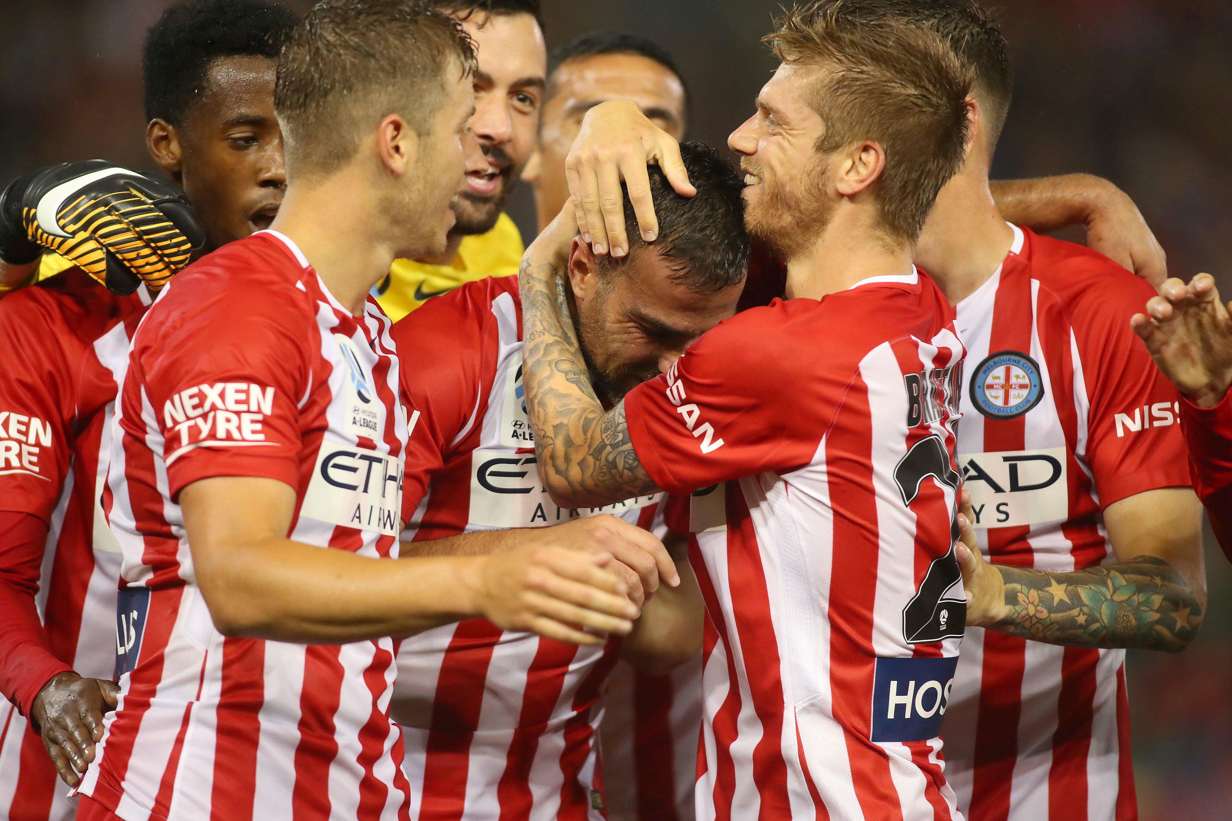 Melbourne City celebrate a goal.