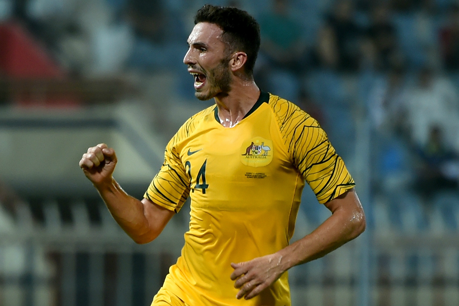 Apostolos Giannou celebrates his first goal for the Caltex Socceroos.