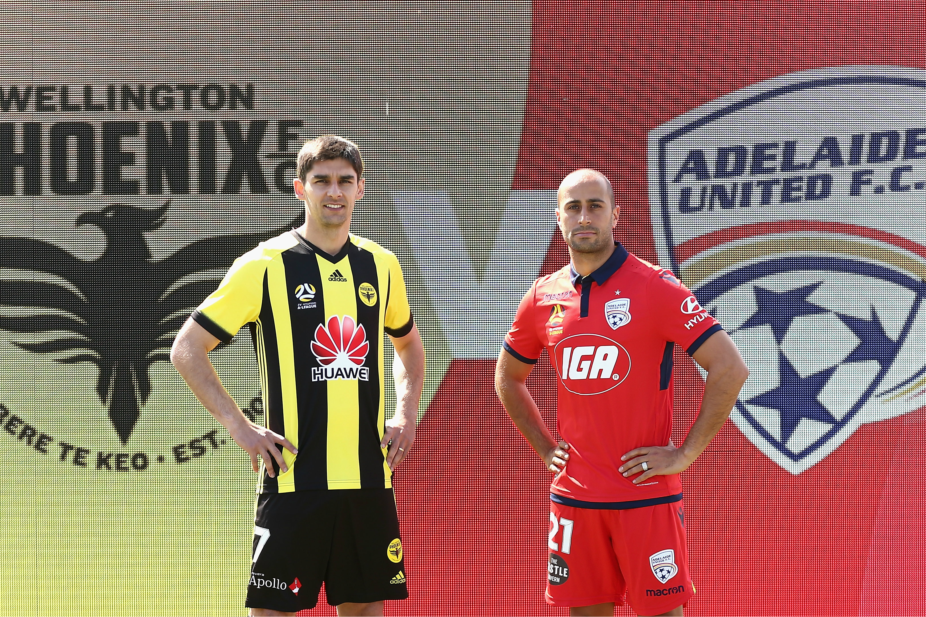 Wellington Phoenix playmaker Gui Finkler and Adelaide United's Tarek Elrich.