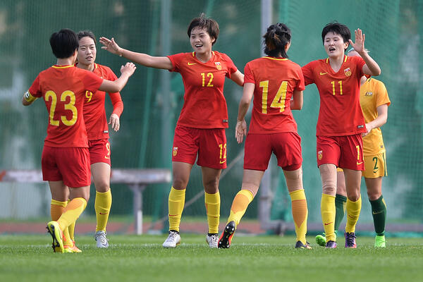 China celebrate a goal against the Westfield Matildas.