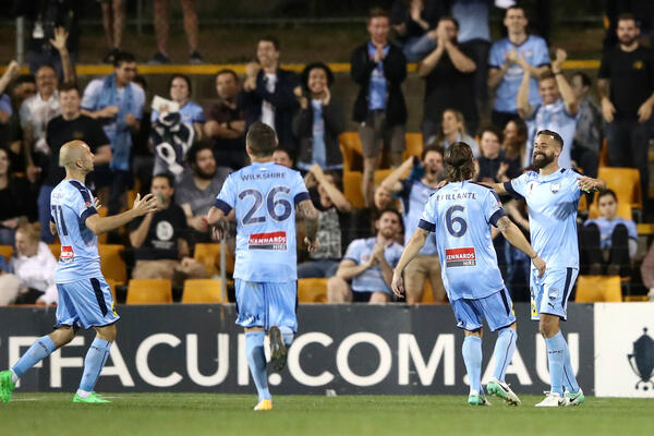 Sydney FC players celebrate a goal in the Westfield FFA Cup.