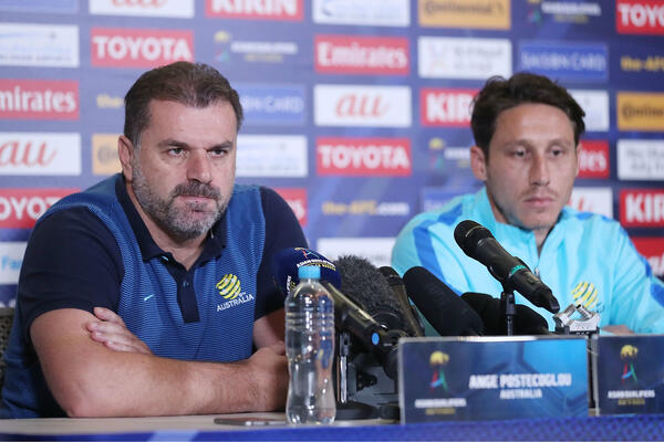 Ange Postecoglou and Mark Milligan at the pre-match press conference in Sydney.