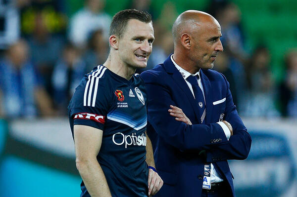 Besart Berisha alongside Melbourne Victory coach Kevin Muscat.