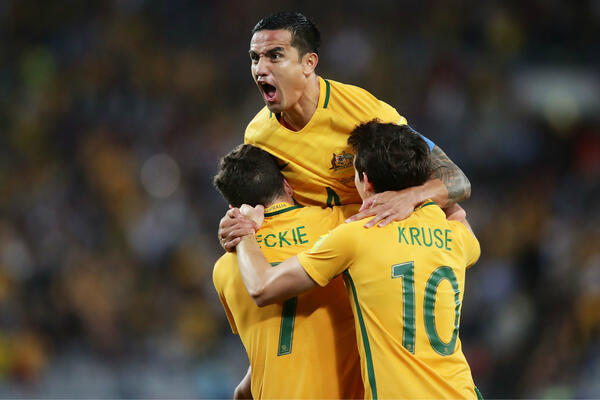 The Caltex Socceroos celebrate Tim Cahill's opening goal against Syria.