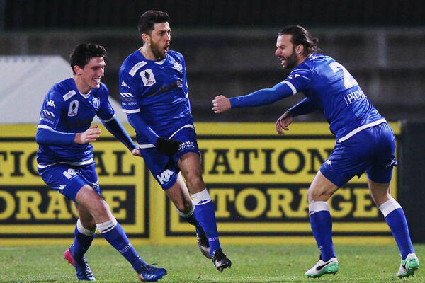 South Melbourne players celebrate a goal on their way to the FFA Cup semis.