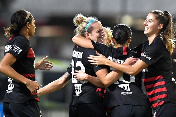 The Wanderers celebrate one of Hamilton's goals