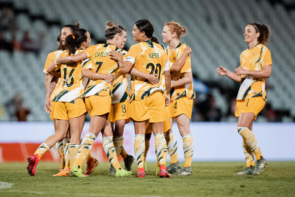Goals galore! Westfield Matildas celebrate one of their seven goals against Chinese Taipei