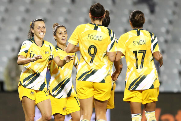 Hayley Raso and Matildas celebrate