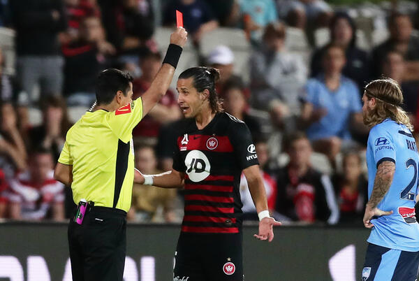 Daniel Georgievski shown a red card in the Sydney Derby