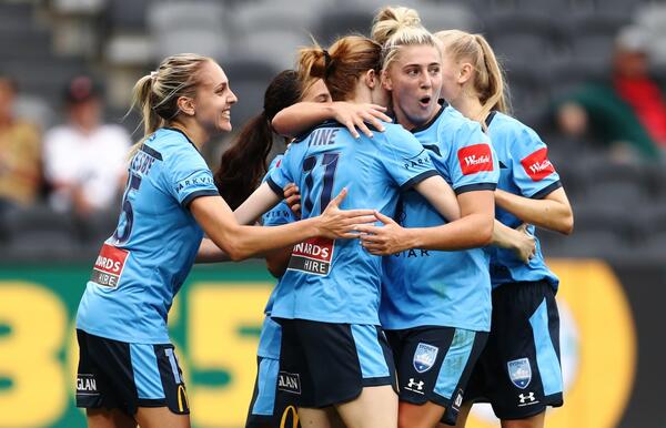 Sydney FC celebrate a goal against Wanderers
