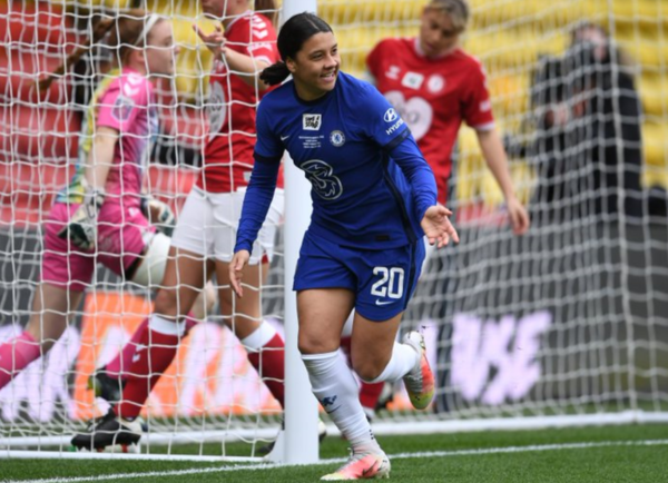 Sam Kerr celebrates a goal in the Conti Cup Final