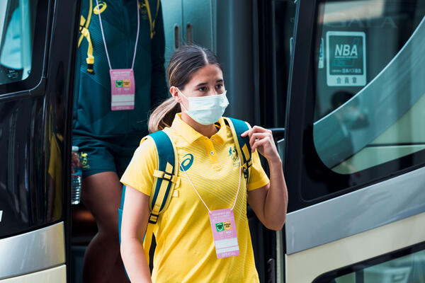Kyra Cooney-Cross getting off the team bus in Kyoto