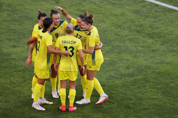 The Matildas celebrate goal against the USA