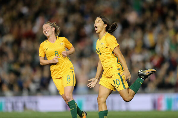 NEWCASTLE, AUSTRALIA - SEPTEMBER 19: Sam Kerr of Australia celebrates her goal during the Women's International match between the Australian Matildas and Brazil at McDonald Jones Stadium on September 19, 2017 in Newcastle, Australia. (Photo by Ashley Feder/Getty Images)
