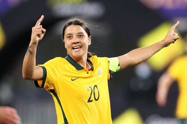 Sam Kerr of the Matildas celebrates scoring a goal during the Women's International Friendly match between the Australia Matildas and Brazil at CommBank Stadium on October 26, 2021 in Sydney, Australia. (Photo by Mark Kolbe/Getty Images)