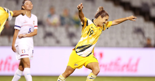 Katrina Gorry of the Matildas celebrates scoring a goal during the Women's Olympic Football Tournament Qualifier match between the Australian Matildas and Chinese Taiepi at Campbelltown Sports Stadium on February 07, 2020 in Sydney, Australia. (Photo by Mark Kolbe/Getty Images)