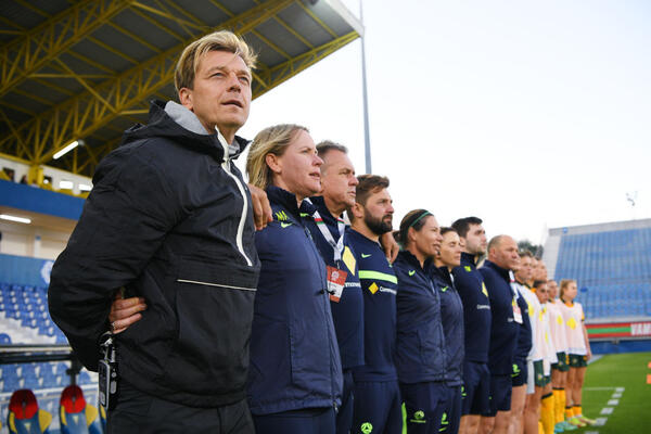 Tony Gustavsson, Head coach of Australia looks on prior to the Women's International Friendly match between Portugal and Australia at Estadio Antonio Coimbra da Mota on June 28, 2022 in Estoril, Portugal. (Photo by Octavio Passos/Getty Images)