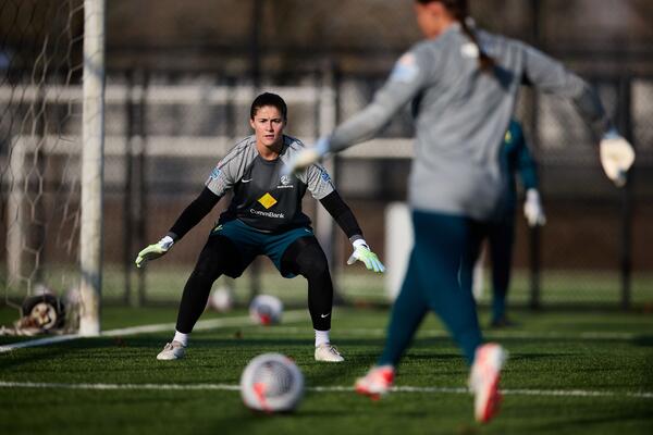 Teagan Micah preparing to make a save at a CommBank Matildas training session