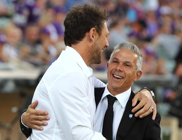 Perth Glory coach Tony Popovic and Steve Corica, of Sydney FC
