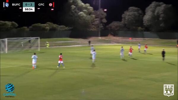 Canberra FC's Thomas James scores a cracking volley