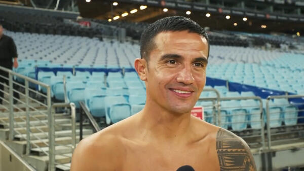 Tim Cahill speaks after his swansong lap around ANZ Stadium
