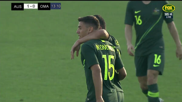 Chris Ikonomidis scores his first goal for the Caltex Socceroos
