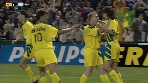 Brothers Tony and Aurelio Vidmar combine for Socceroos equaliser v Argentina in FIFA World Cup 1994 play-off