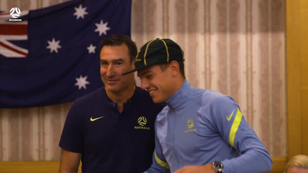 Socceroos debutants Karacic, Dougall and McGree presented with caps